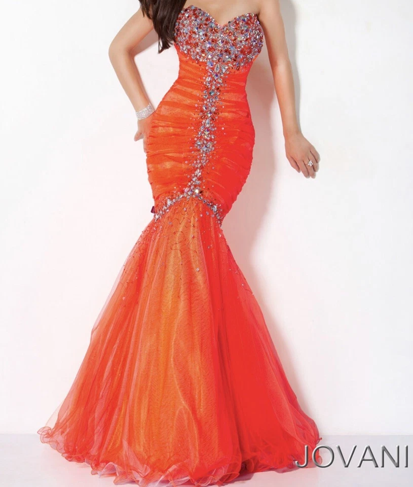 JOVANI Bright ORANGE SZ 6 $448 FORMAL PROM GOWN Beaded Bust & Midline; Mermaid - Image 2 of 4