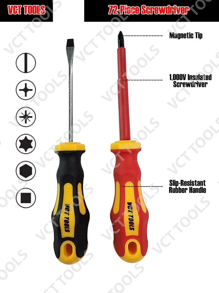 VCT 72pc Magnetic Screwdriver Set Flathead, Phillips, Hex Square Torx, Insulated - Image 3 of 4