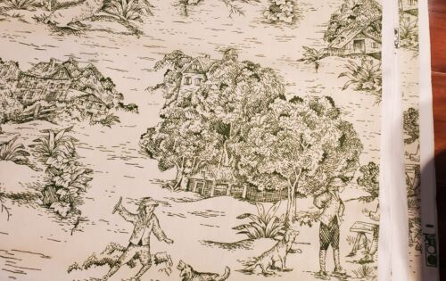 Green Toile Fabric French Pastoral NEW Cotton Linen 9.5 Yards x 56" Drapery Uph.