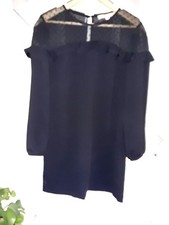 Women's Sz 2 LOFT Black L/S Shift Dress W/ Sheer Dot Neckline W/Ruffle Holiday