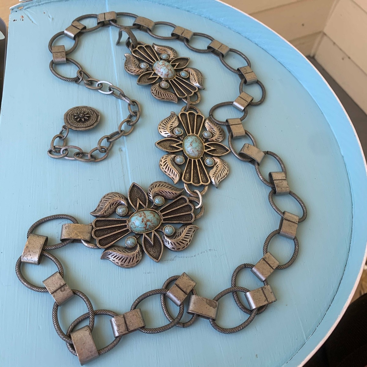 Vintage Southwestern Faux Turquoise Silver Tone Metal Belt  display picture 1