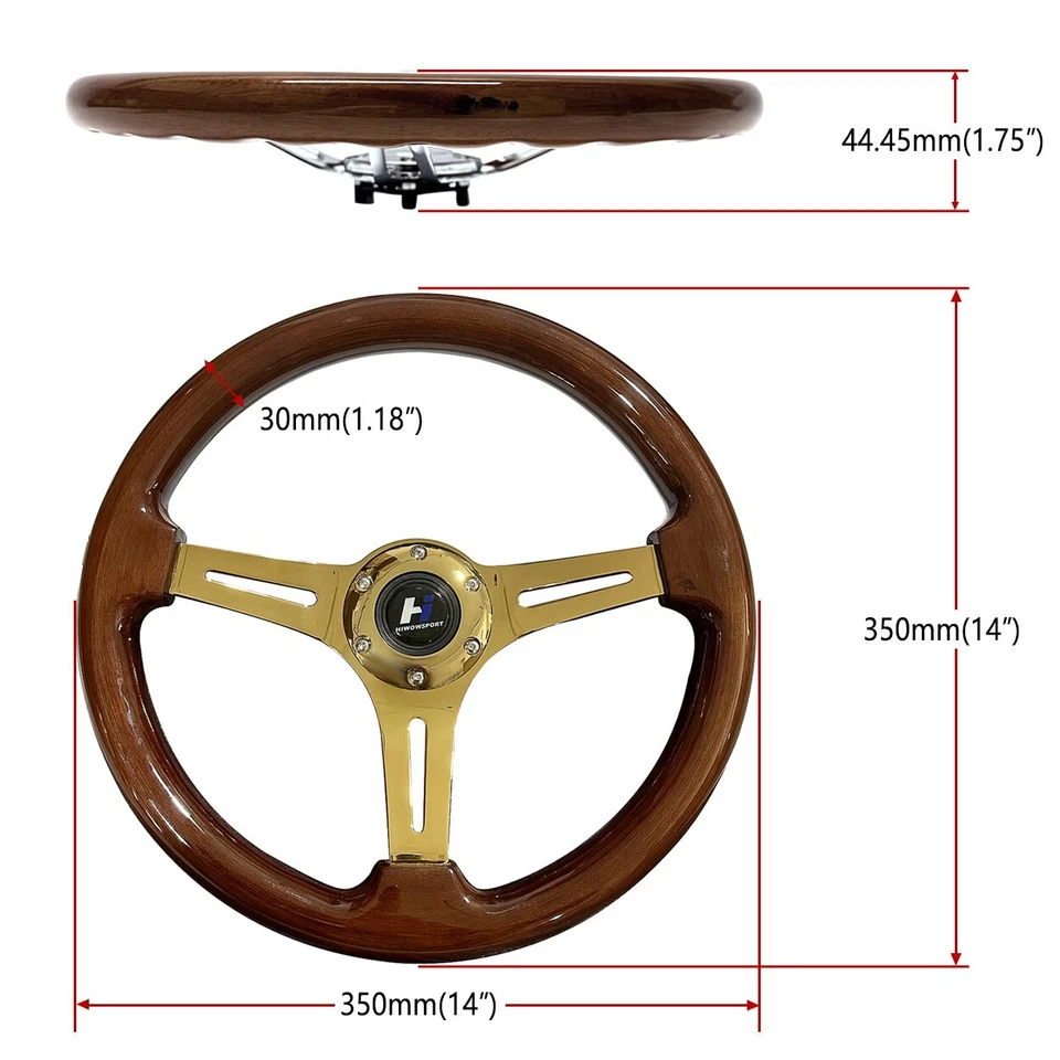 Volante Hiwowsport Universal 14" 350mm Grano Madera 6 Pernos 1.75" Plato Madera Foto 2 de 4