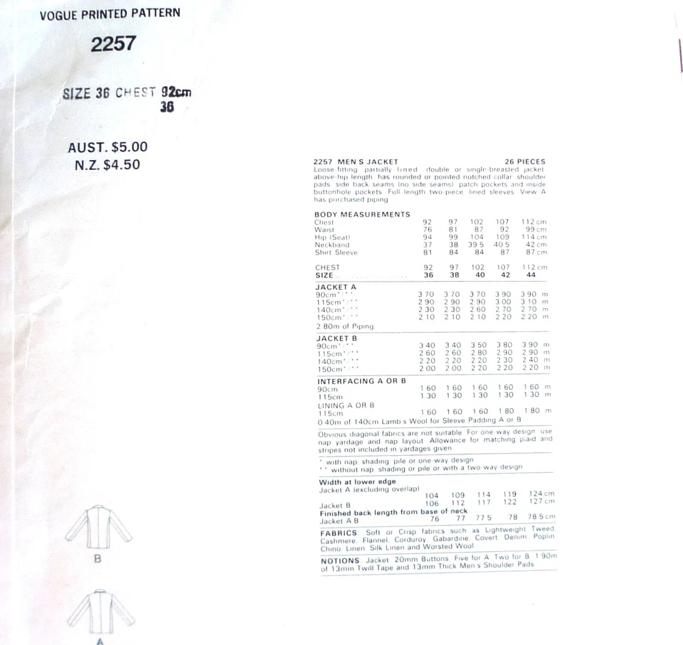 Vogue 2257 Calvin Klein 70s pattern men's jacket size 36 double/single breasted - Image 2 of 2