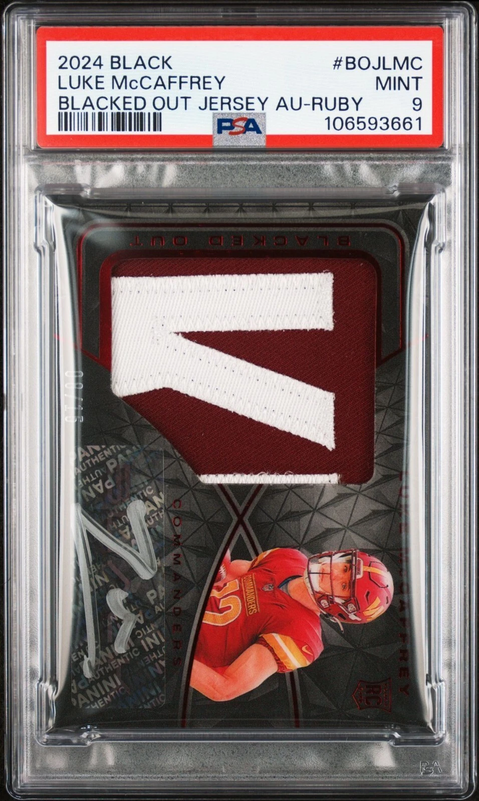 Luke McCaffrey Panini Black Blacked Out Jersey Autographs #BOJLMC Ruby
