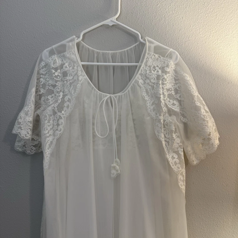 Antigo Conjunto de Peignoir Shadowline Vestido de Noiva Branco Médio Nylon Duplo Chiffon Pérolas - Imagem 3 de 4