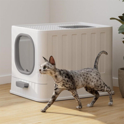Anti-Splashing Enclosed Kittens Litter Box Top Entry Cat Toilet with Lid Drawer