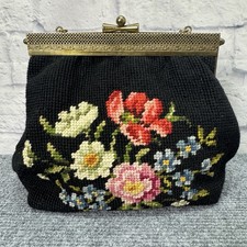 Vintage Floral Needlepoint Evening Bag Black Gold Tone Kiss Lock Chain Purse