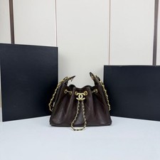 Women's Brown Quilted Leather Bucket Bag, Gold Chain Drawstring Shoulder Handbag