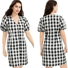 LOFT Black White Gingham Plaid Button V-Neck Dress Puff Sleeves Women's Size 14