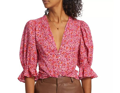 Free People I found You Top Sz L Floral 100% Cotton Puff Sleeve V Neck Button Up