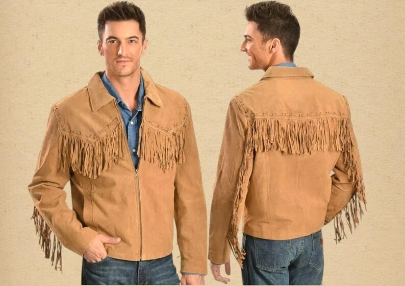 Men's Tan Suede Fringe Jacket: Western Biker Style, Handmade Suede Fringe Jacket