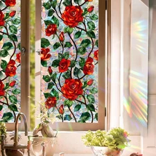 Stained Glass Window Film, Rose Floral Privacy UV Resistant, Removable Static...