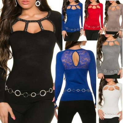 SeXy Miss women's sweater studded fine knit sweater back lace 34/36/38 Top New