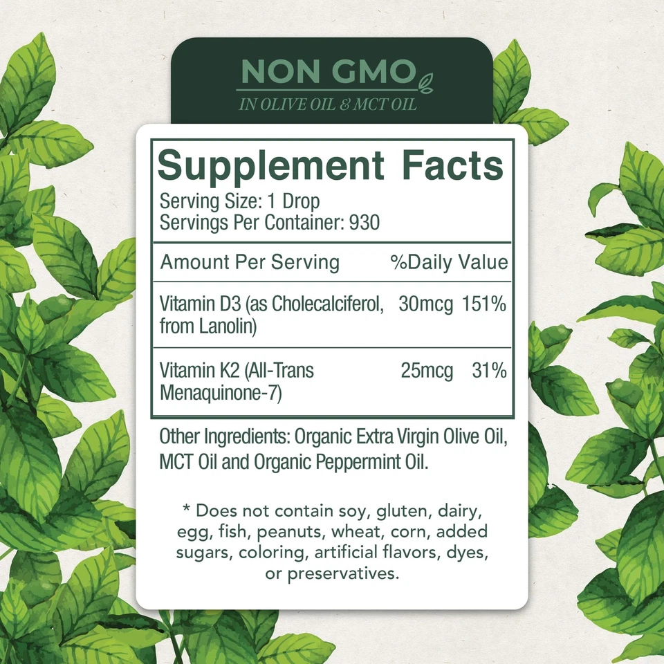 Vitamina D3 con K2 Gotas Líquidas Todo Natural No OGM 1208IU D3 y 25mcg K2 MK... Foto 2 de 4