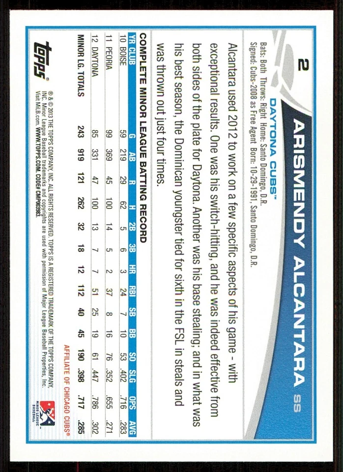 2013 Topps Pro Debut #2 Arismendy Alcantara - Image 2 of 2