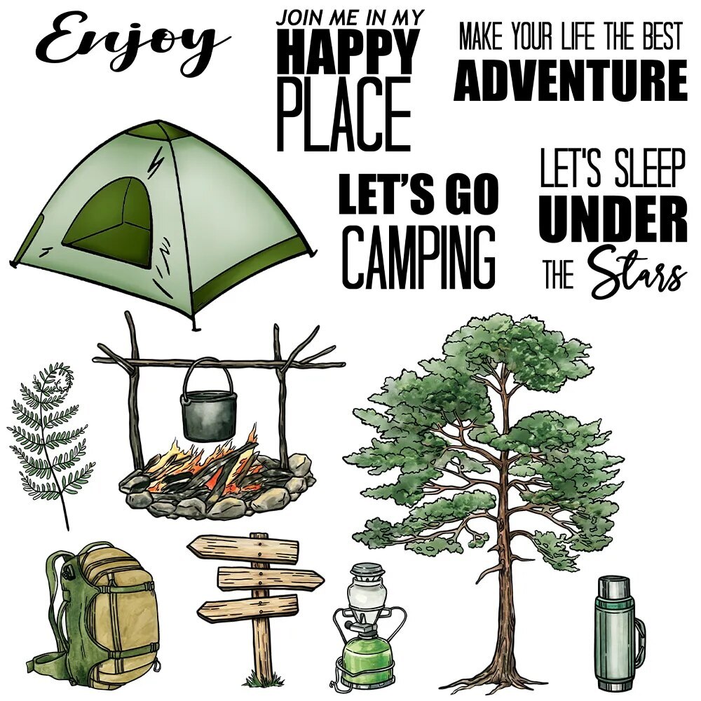 Outdoor Camping Tent Backpack Campfire Metal Dies Clear Stamps