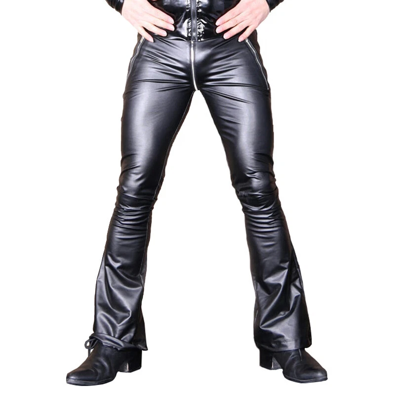 Retro Men Stretch Faux Leather Flared Pants 70s Bell Bottoms