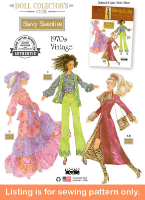 SEWING PATTERN Sew 11 1/2'' Fashion Doll Clothes Fits Barbie Retro 70s Coat 9869