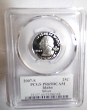 2007 S 25C Proof Idaho ID State Quarter PCGS Graded PR69 DCAM NFC