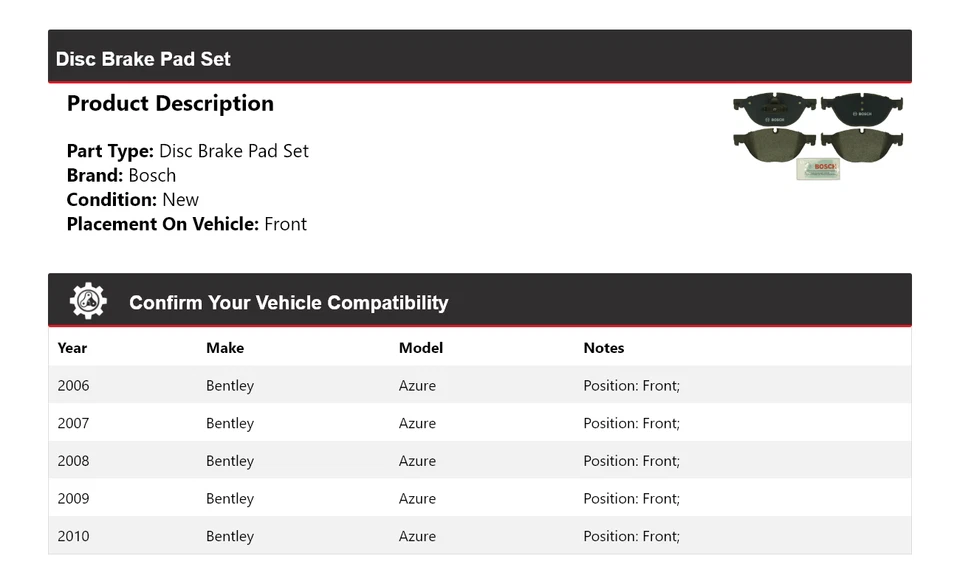 Pastillas de freno delanteras semimetálicas QuietCast 2007 para Bentley Azure Bosch 2006-2010 Foto 2 de 4