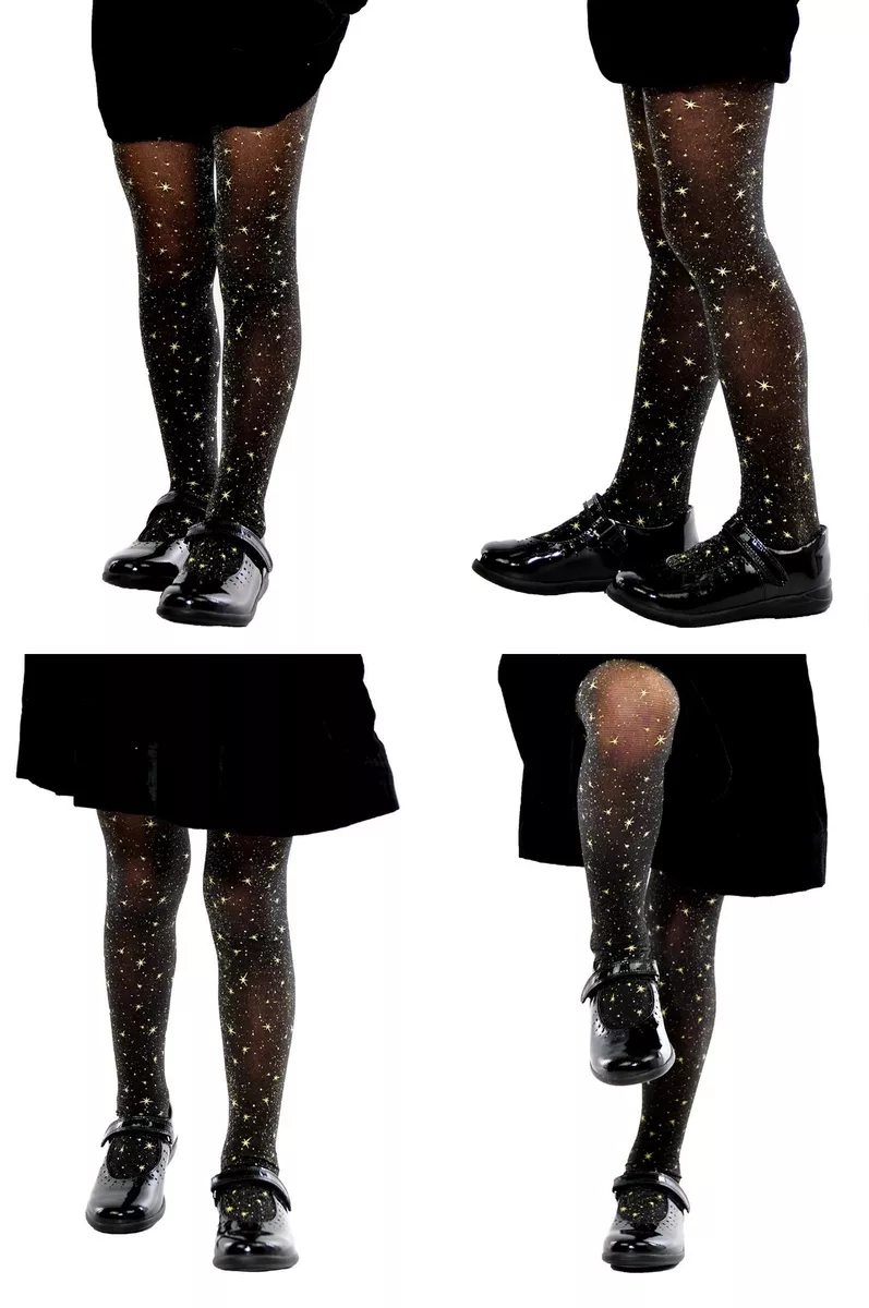 Girls Black Sheer Gold Stars Tights Party Special Occasion