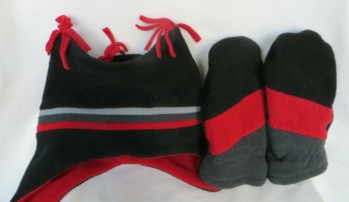 Target Hat Mittens Set Winter Fleece Ear Flaps Beanie Red Black Boys 4-7 4 5 6 7