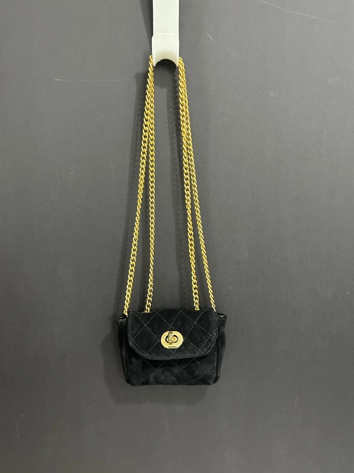 Bolso de Hombro Monedero Vintage Ann Taylor Acolchado Negro Gamuza Cadena Tono Dorado Foto 4 de 4