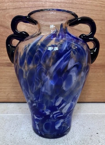 Vintage Murano Style Blue White Glass Vase Hand Blown Swirl Art 6.5”