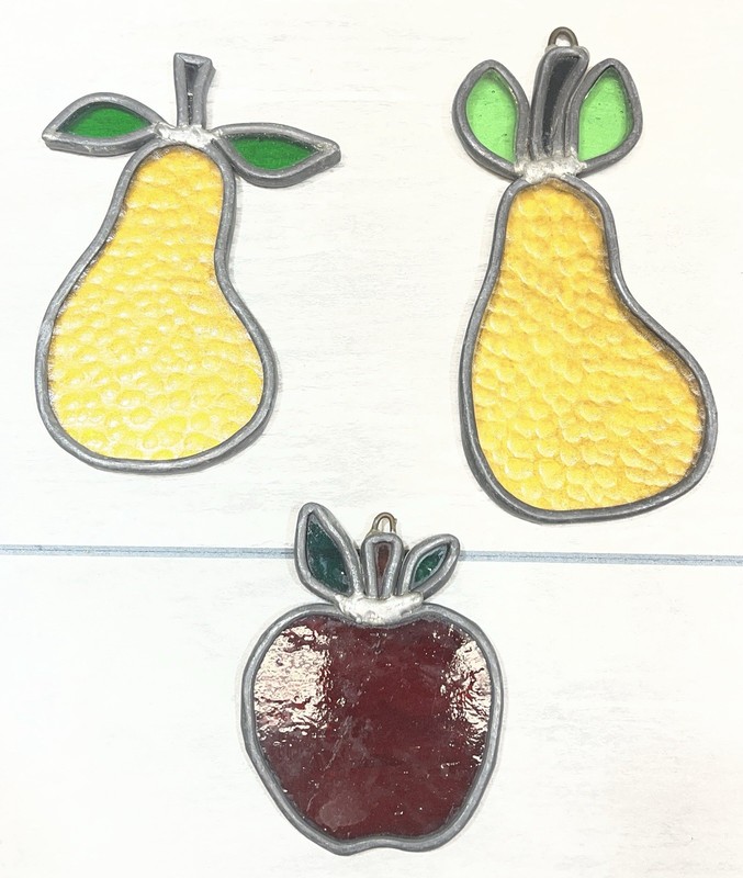 Vintage 2 Pears , 1 Apple Stained Glass Window Sun Catcher Lot Of 3 Pieces.