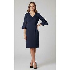 Talbots Sheath Dress Womens Navy Blue Lace V-Neck Bell Sleeve Career Cocktail