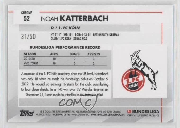 2020-21 Topps Chrome Bundesliga Gold Refractor /50 Noah Katterbach #52 Rookie RC - Image 2 of 2