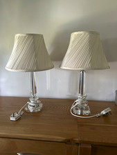 Pair Table Lamps Clear Glass Bases Beige Pleated Empire Shades, Switch