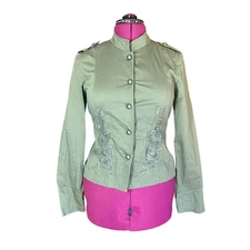 Odds'n Evens Military Blazer Women Size M Lace Decal Cutouts Lace Button Up