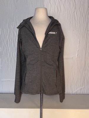 Gymshark logo  Women's Small Gray full Zip Athletic Hoodie with thumb holes 