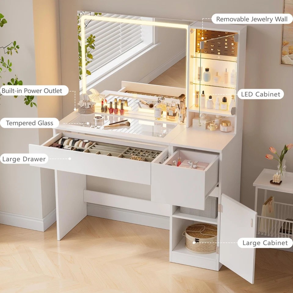 Mesa de tocador de maquillaje con espejo iluminado y toma de corriente con taburete Foto 2 de 4