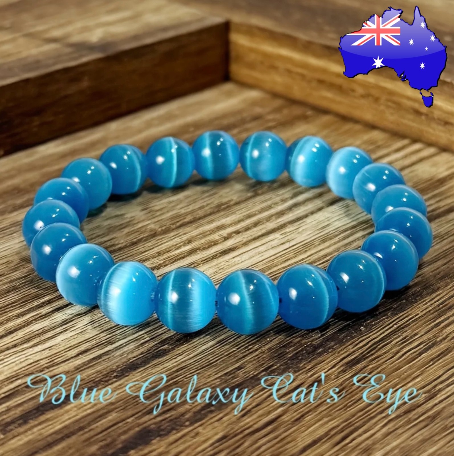 Blue Cats Eye Stone Crystal 8mm Bead Healing Elastic Boho Bracelet Women’s Gift