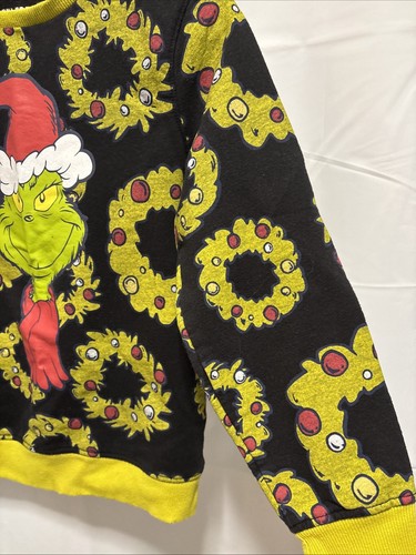 Youth Size M Pullover Dr. Seuss The Grinch Sweatshirt Santa Hat Wreaths Black - Picture 6 of 14