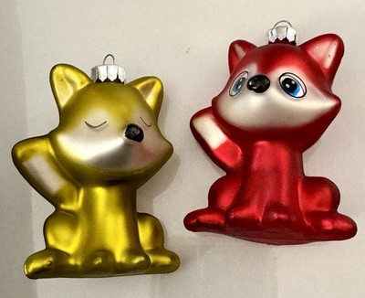 2 Handcrafted Glass Fox Ornaments 2.75'' High