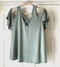 SIENNA SKY Top Sage Green Ruffle Cold Shoulder Criss Cross V-Neck Small/Medium