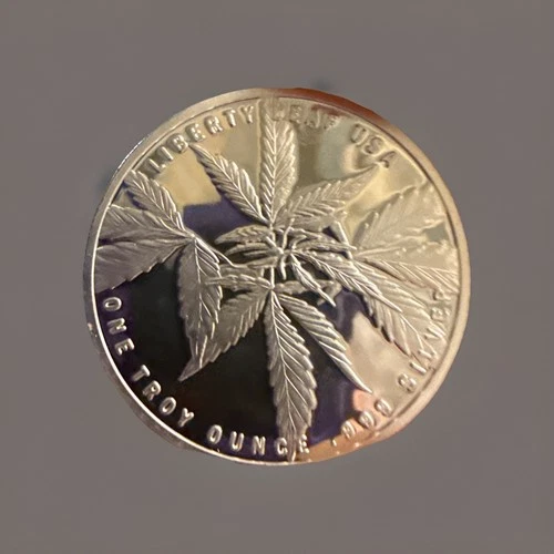 Marijuana Indica Leaf 1 Troy .999 Silver Round, Bullion Weed Leaf, Cannabis
