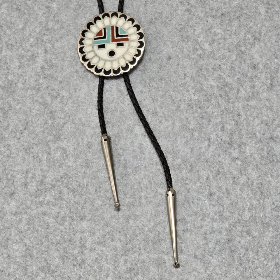 Corbata vintage Zuni Sunface Bolo 38" cordón trenzado negro incrustación mosaico occidental nativo Foto 2 de 4