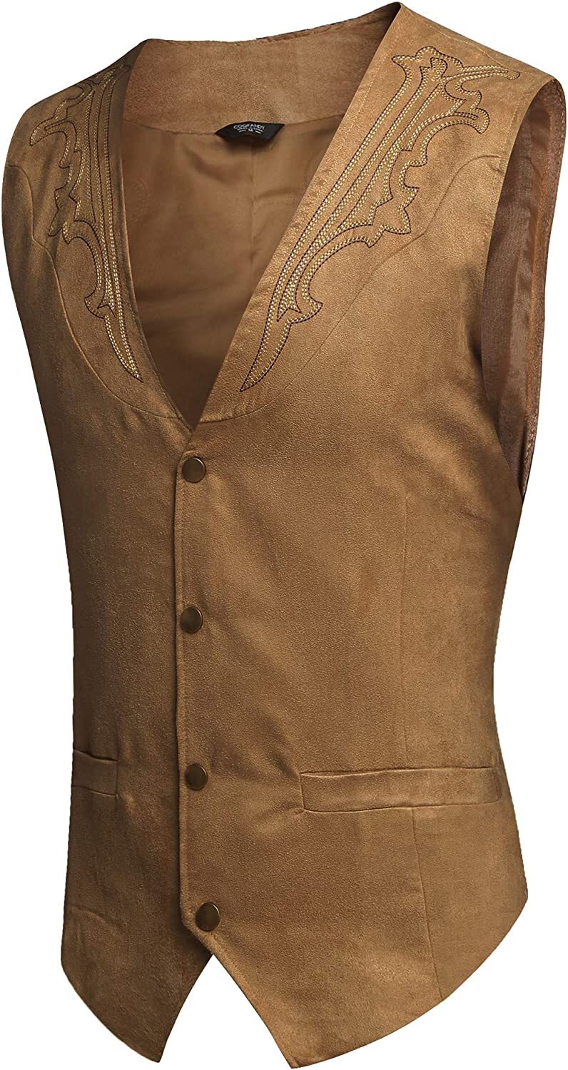 COOFANDY Men's Suede Leather Suit Vest Casual Western Vest Jacket Slim