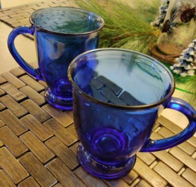 2 VTG Anchor  Hocking Cobalt Blue  Glass Coffee / Tea Footed Mugs 16oz  GORG! | eBay