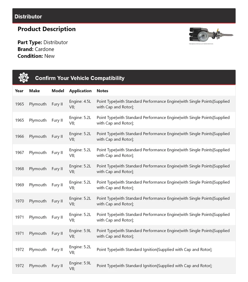 For 1965-1972 Plymouth Fury II Distributor Cardone 1966 1967 1968 1969 1970 1971 - Image 2 of 4