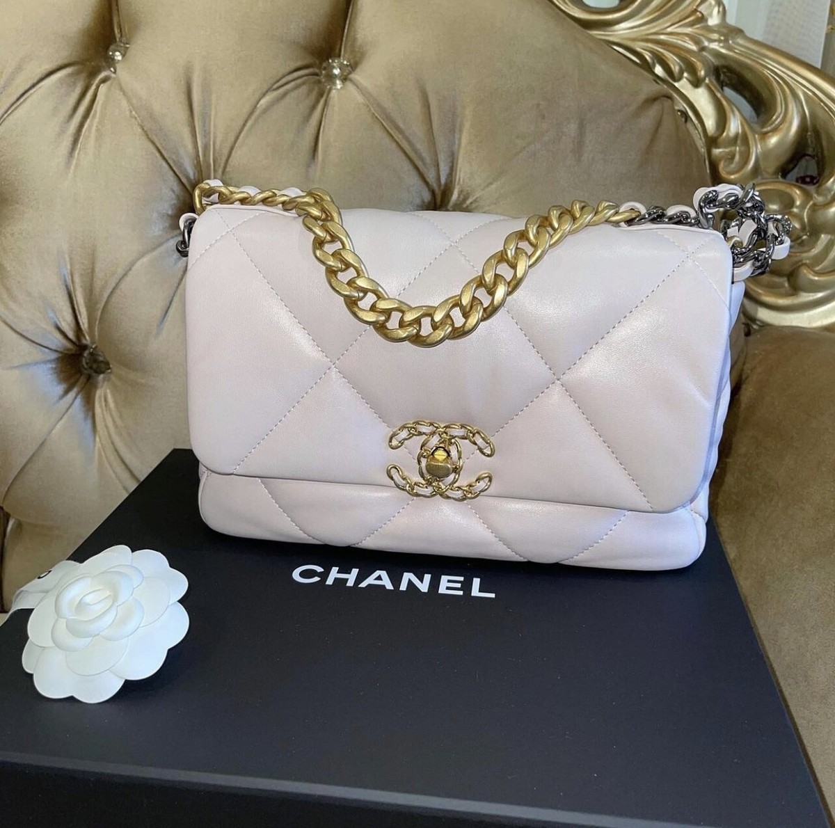 CHANEL 19 Small Quilted Pink Goat Skin Leather Small Shoulder Flap