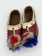 Vintage Antique TSAROUHI Opanke Greek Kids Shoes Leather Handmade Dance Pom Pom