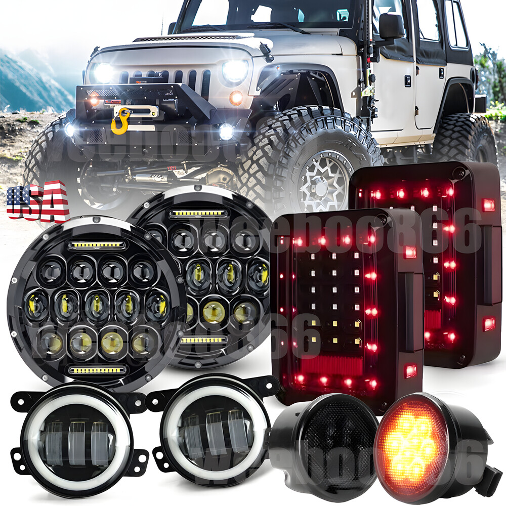 Jeep JK JKU 7-inch LED Round Headlight Fog Lights with Smoke Tail Lights and Turn Signals  
