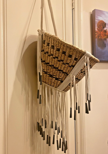 Vintage Lg Apache Burden Basket with Buckskin Handle Fringe and 48 Jingle Cones - Picture 22 of 22