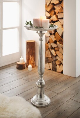 Metall Deko Säule silber, 78cm hoch, Antik Look, XXL Kerzen Halter Ständer Tisch