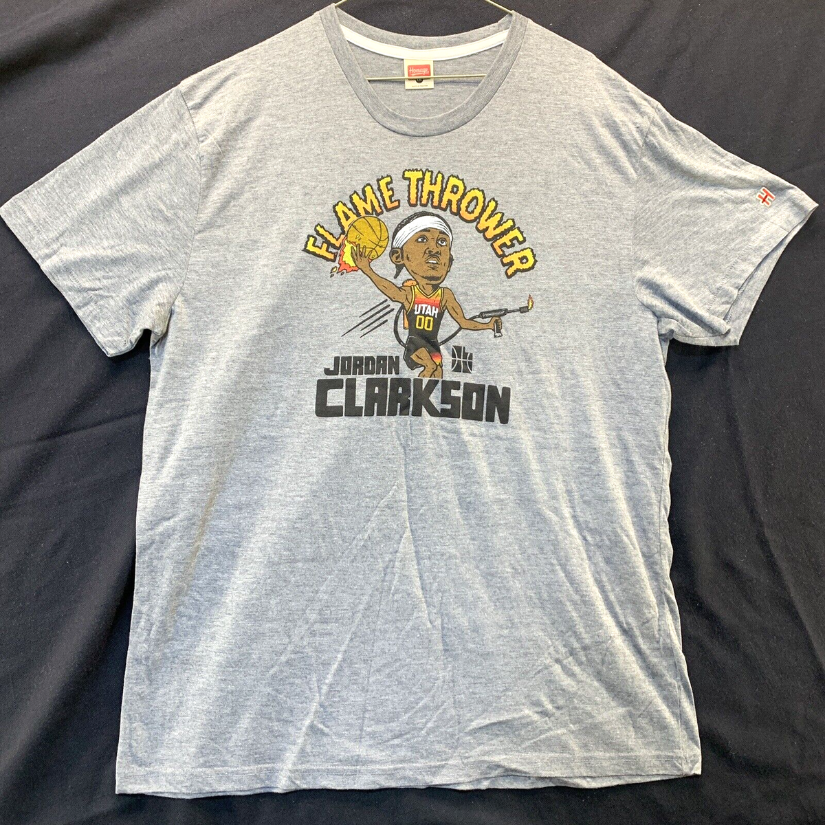 Utah Jazz Jordan Clarkson Homage T-Shirt Flamethrower Gray Graphic